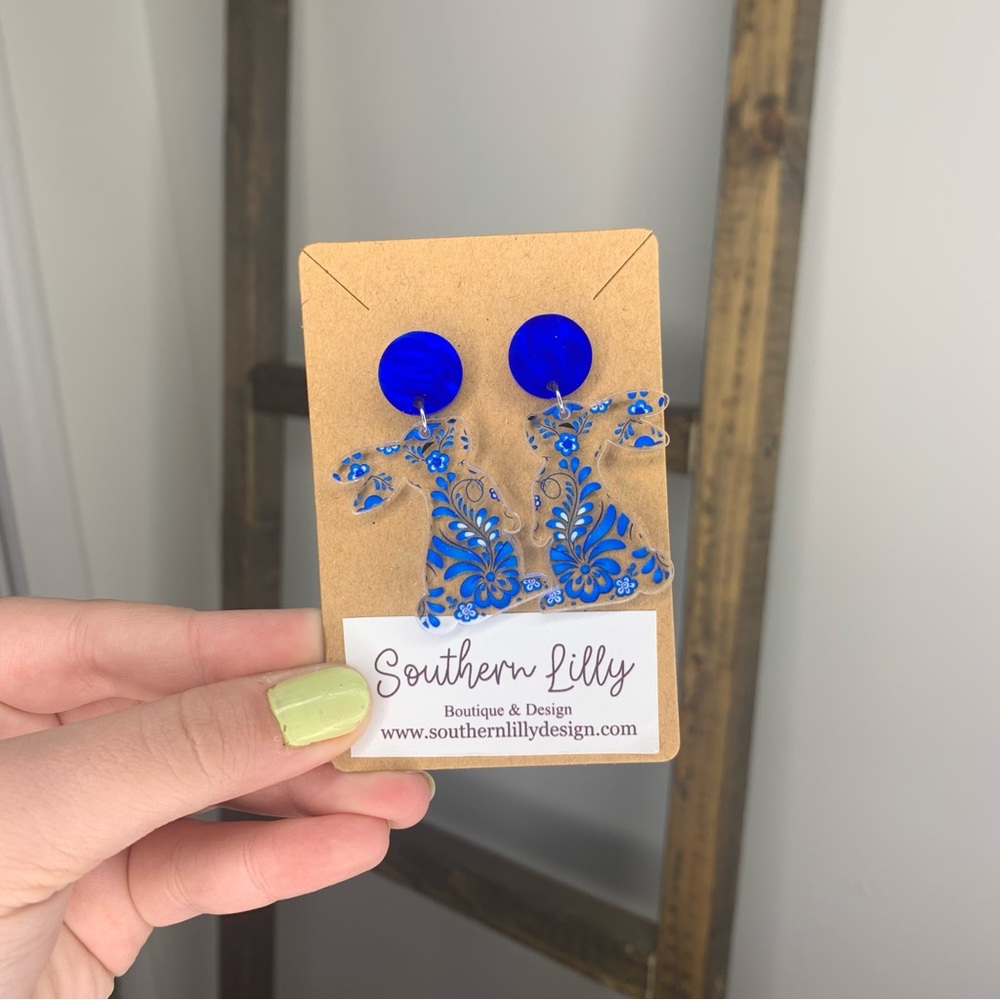 Blue Chinoiserie Bunny Acrylic Earrings